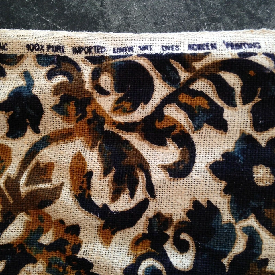 Linen Upholstery Fabric 2x3yds Screen Print 5th Ave Design Scroll Leaf Vintage - Image 4 of 4