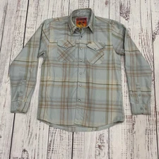 DIXXON Malibu Flannel Shirt M Blue Tan Plaid D-Tech Long Sleeve Button Front Y2K