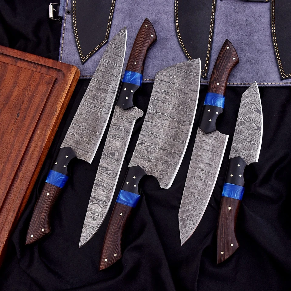 CONJUNTO CHEF PERSONALIZADO FEITO À MÃO MARTELADO DAMASCO 5 PEÇAS COM BOLSA DE COURO - Imagem 4 de 4