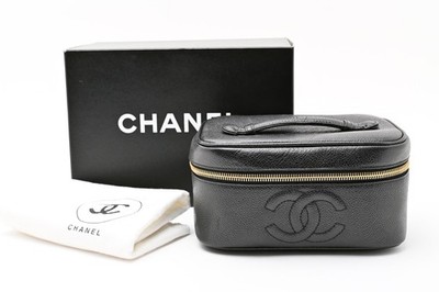 CHANEL [Rank A] Caviar Skin Vanity Bag Purse Case Coco Mark Black Leather Auth