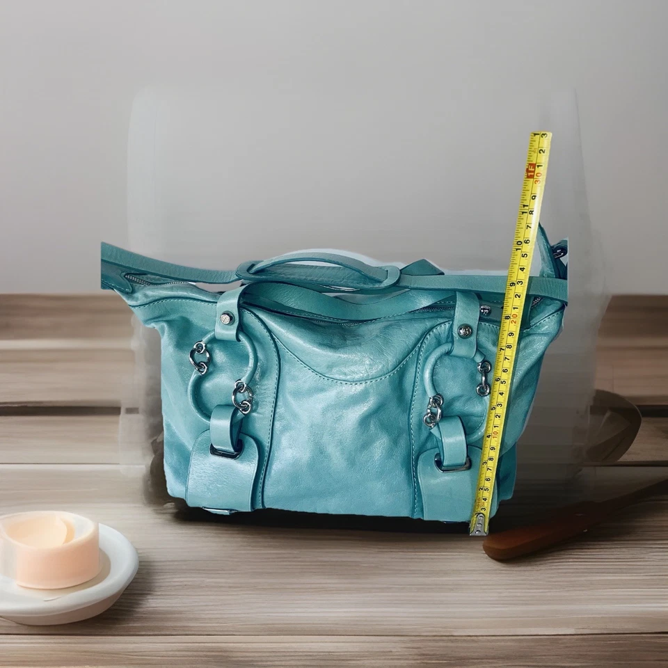 Bolso de mano vintage de cuero azul/verde Francesco Biasia 1977 Foto 2 de 4