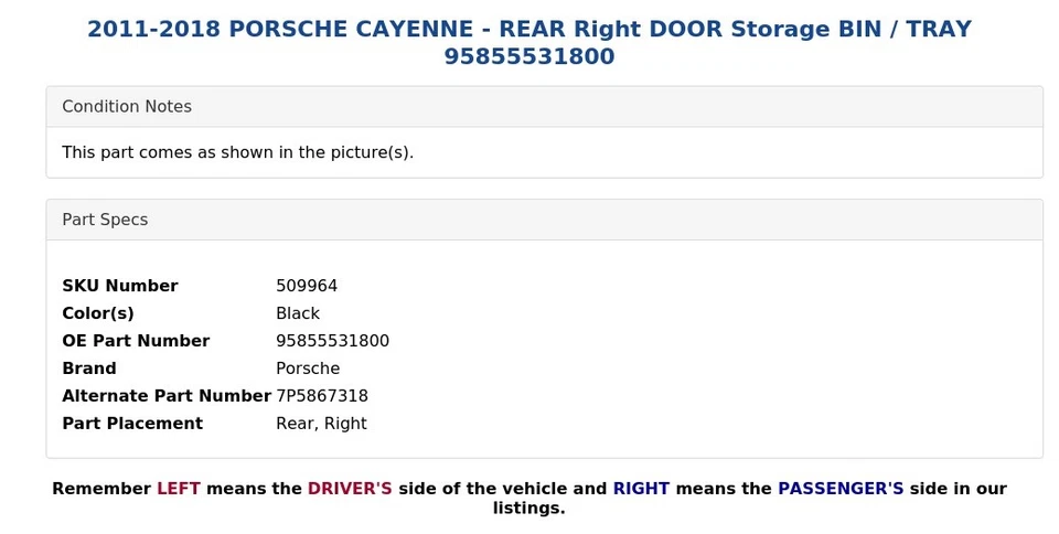 Porsche Cayenne 2011-2018 - puerta trasera derecha contenedor de almacenamiento 95855531800 Foto 4 de 4