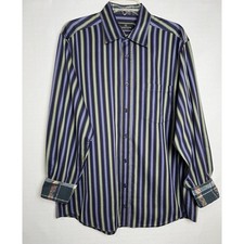 Bugatchi Uomo Men's Blue Striped Long Sleeve Dress Shirt Flip Cuffs Size Large