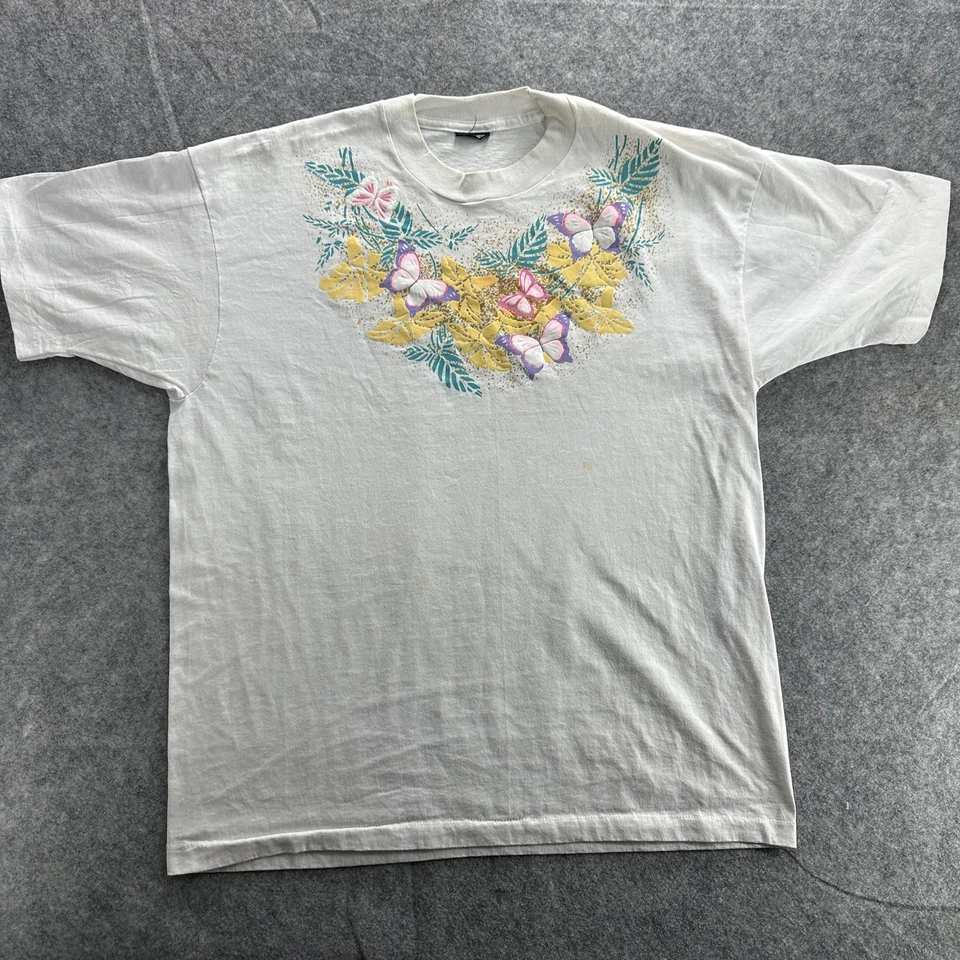 Vintage Butterfly Floral Shirt Womens XL White 90s Nature Glitter Graphic Tee - Image 2 of 4