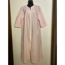 Miss Elaine Pink White Seersucker Long Robe Floral Embroidered Zip Housecoat S