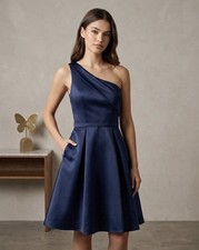 Rated PG by PromGirl Blue One Shoulder A-Line Satin Pockets Zip Size 6