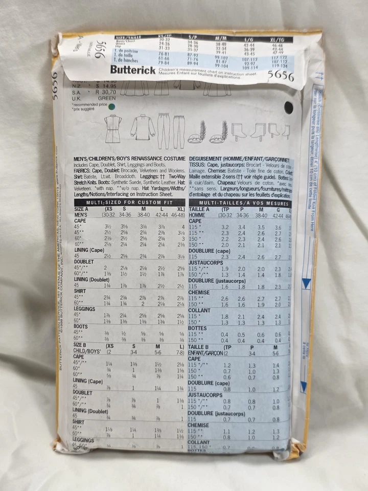 Butterick Making History UNCUT #5656 Men's & Boy's Renaissance Costume 1998 - Image 2 of 3