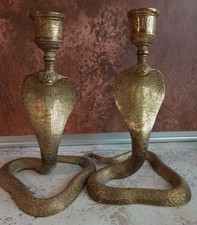 Pair Vtg Brass Candlesticks Candle Holders Indian Cobra Snake 19x12cm Patina Gd
