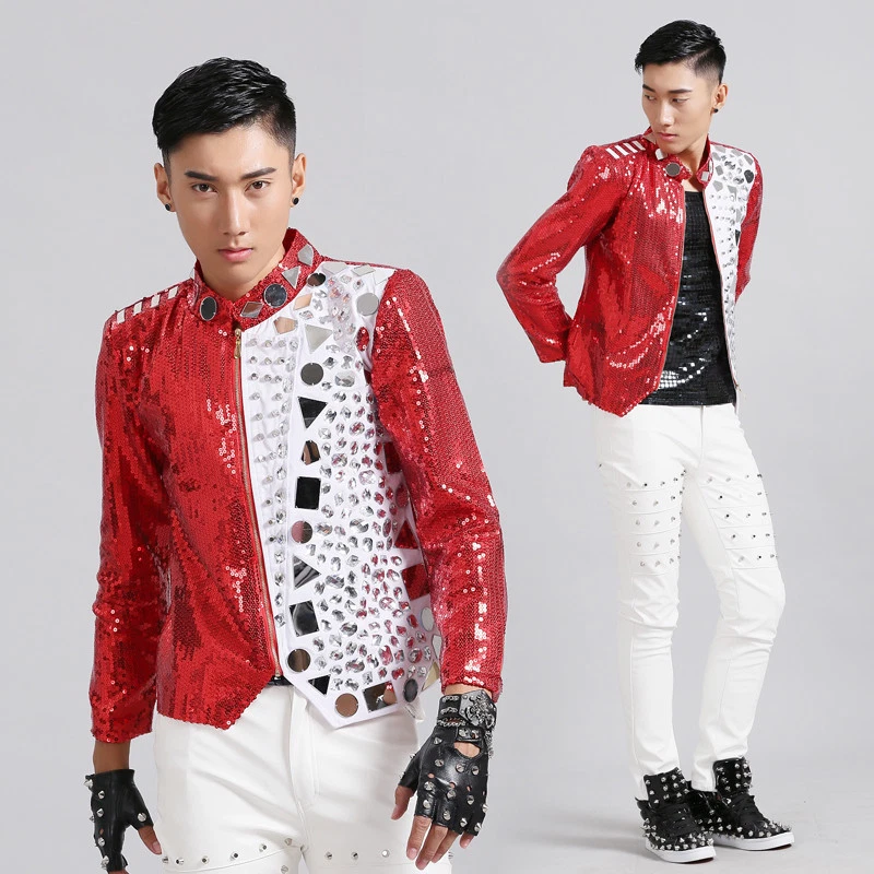 Punk Men Rhinestone Rivet Glitter Sequins Metallic Suit Jacket Nightclub Party