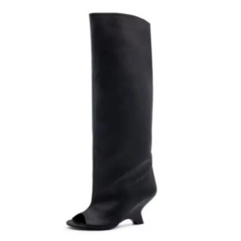 Novas Sandálias Femininas de Couro Peep Toe Botas Joelho Alto Moda Botas Longas - Imagem 3 de 4