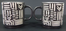 2 GRAYDON HALL CERAMIC COFFEE MUGS MUD CLOTH PRINT GRAY/WHITE POTTERY EMBOSSED