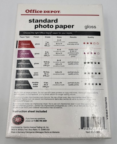 Office Depot Standard Gloss Inkjet Photo Paper 100 Sheets 4" x 6" - New - Picture 2 of 2