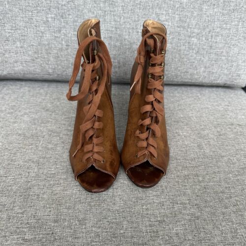 Botín con cordones marrón para mujer punta abierta imitación cuero 9 cremallera lateral - Imagen 2 de 9