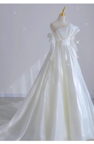 White/Iovry Satin Wedding Dresses Elegant Off Shoullder Long A-line Bridal Gowns - Picture 1 of 7