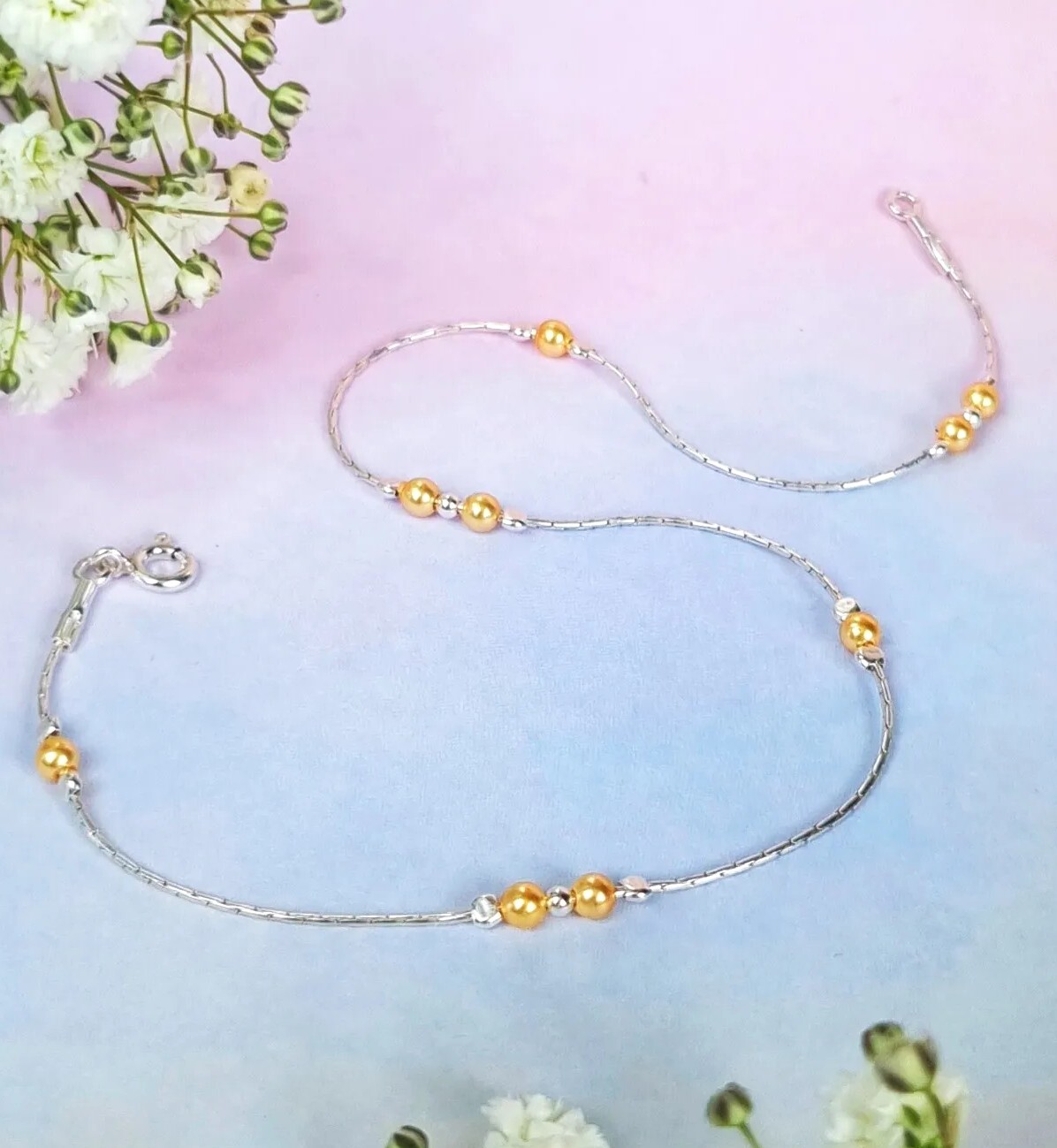 ANKLET 925 Sterling Silver Gold Pearl Ankle Bracelet Wedding Bridesmaid gift-image