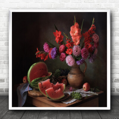 Melone Obst Apfel Vase Blumen Sommer Essen Trauben Messer Tisch Quadrat Kunstdruck