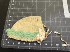 Vintage c. 1940's-50's Baby Bonnet White with Mint Green Trim Handmade Knit Hat