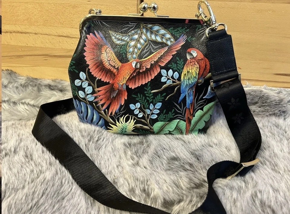 ANUSCHKA LEDER TASCHE UMHÄNGETASCHE HANDBEMALT MOTIV: PAPAGEI - Bild 3 von 4
