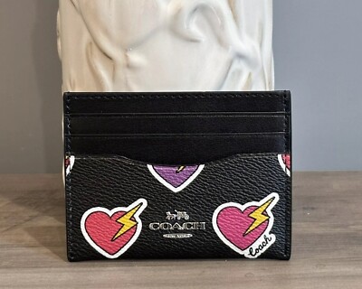 COACH CW922 Slim Id Card Case Heart Bolt Print Coated Canvas &Leather Black Pink