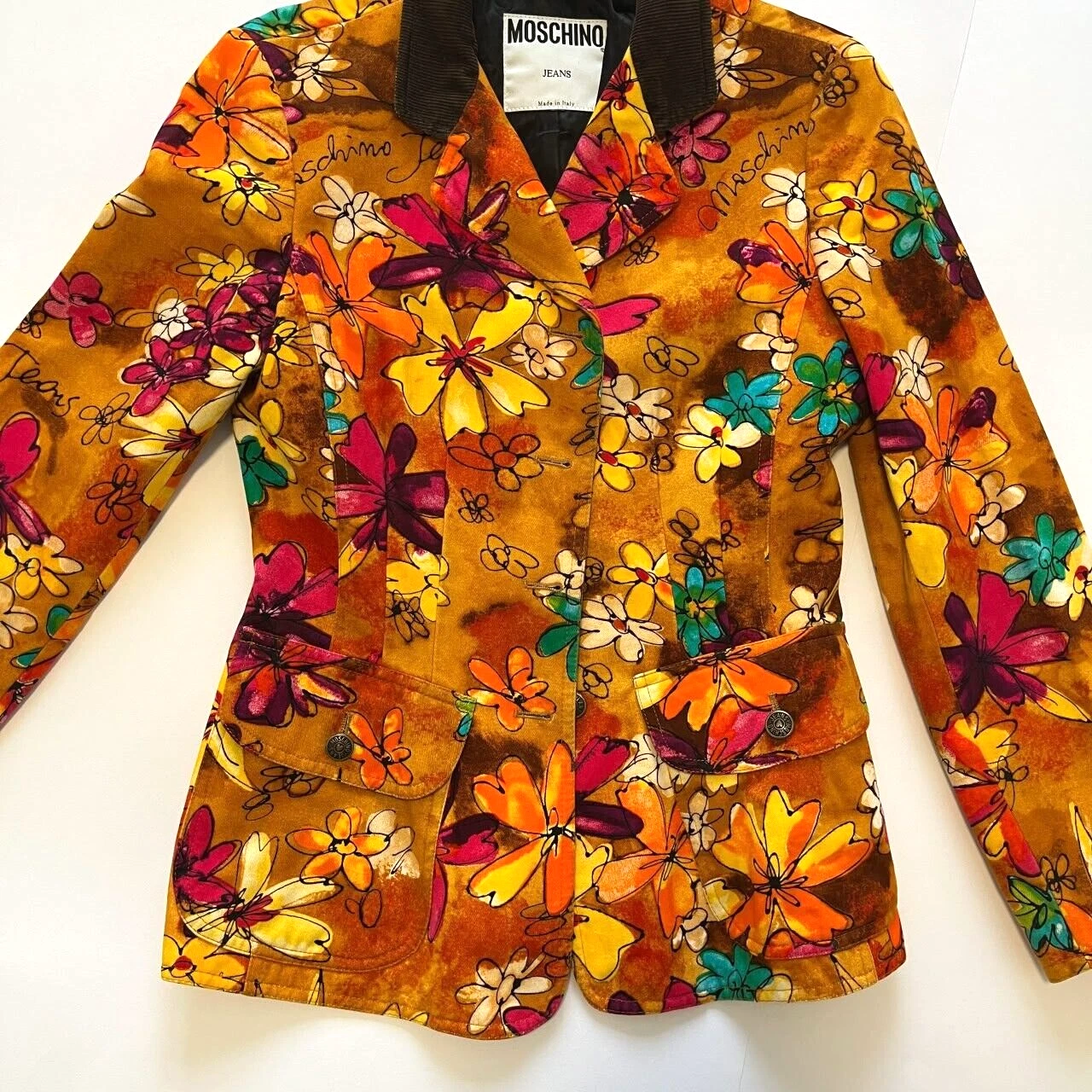 Blazer vintage MOSCHINO jeans floreale The Nanny anni 90 XS S multicolore