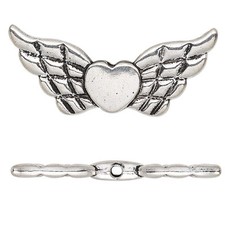 Lot of 10 Antique Silver Flat Angel Wing Beads With Heart Plated Pewter Metal