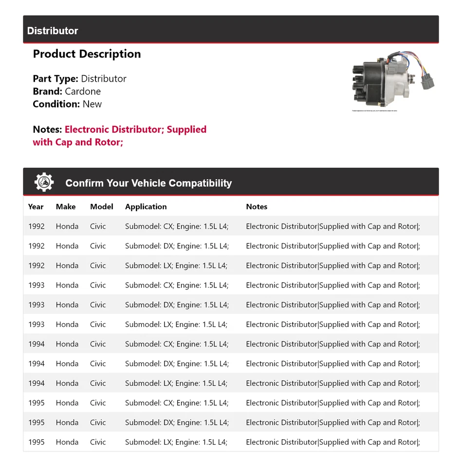 For 1992-1995 Honda Civic 1.5L L4 Distributor Cardone 1993 1994 - Image 2 of 4