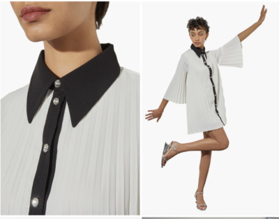 NEW Ming Wang Mini Pleated Shift Dress Contrast Trim Crepe de Chine White Medium