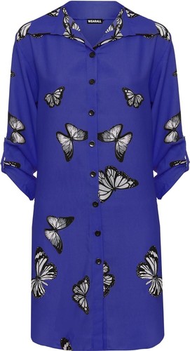 Women's Plus Butterfly Print Shirt Ladies Button Collar Side Slit Curved Hem Top - Picture 17 of 17