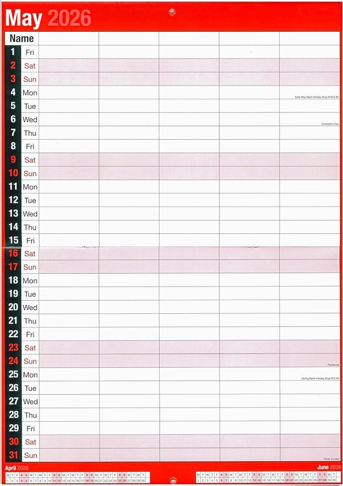 2026 5 Column Calendar Month To View Home Office A3 Family Planner ...
