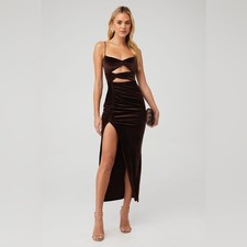Nookie Verve Maxi Velvet Dress Truffle Brown Cutout Size Small