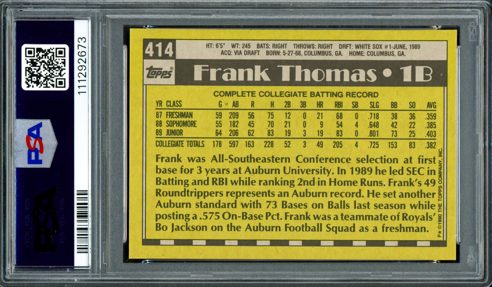 Frank Thomas Signed 1990 Topps RC #414 Chicago White Sox PSA9 Auto 10 PSA/DNA view 2