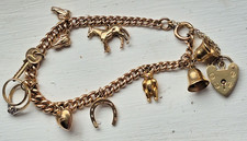 Vintage 9ct Gold Charm Bracelet, Solid Curb Chain, 8 Charms, Hallmarked 375