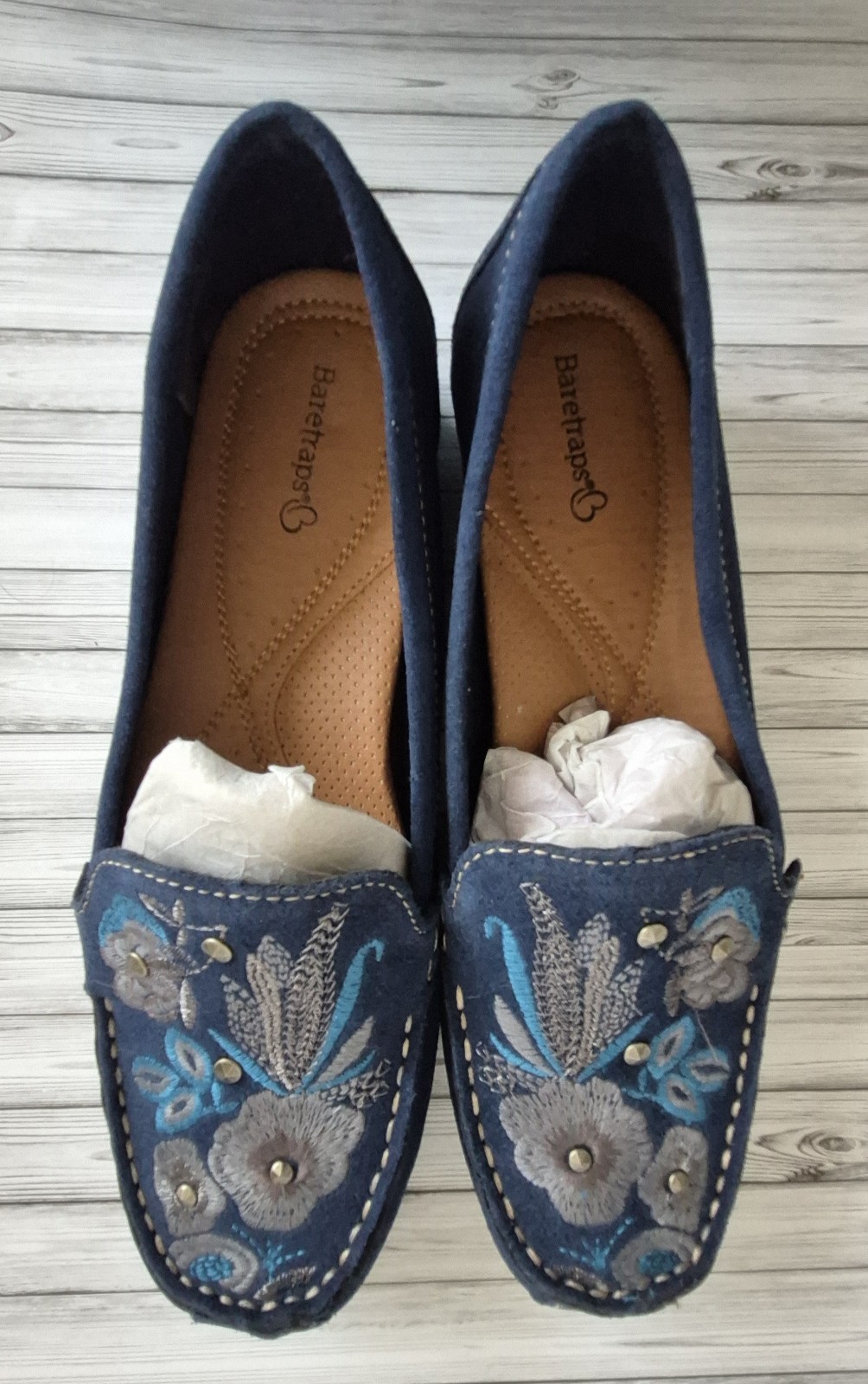 BARETRAPS Otella Navy Suede Leather Slip on Loafers Grey Embroidered 9 M