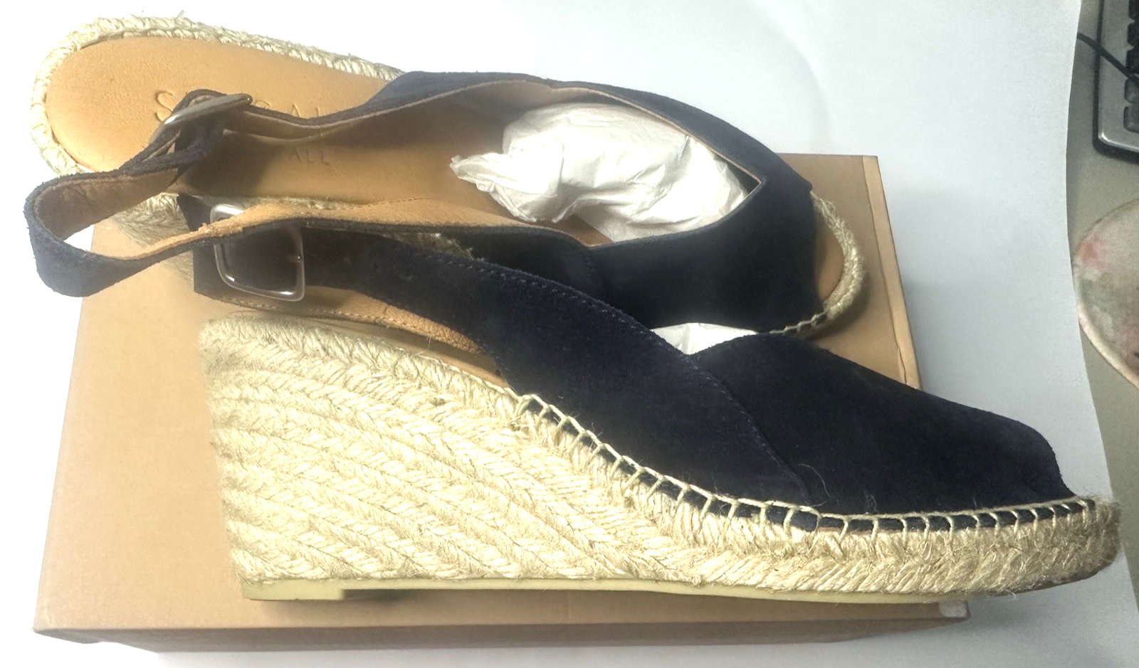 New in box! Seasalt UK7.5 Eu41 navy blue suede mid heel Garden Path espadrilles