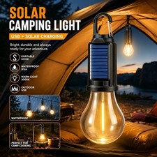 Solar Camping Light Bulb USB Rechargeable Hanging Tent Lamp Waterproof Outdoor