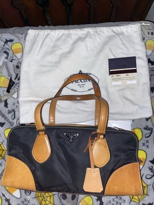 PRADA Vintage Triangle Logo Tessuto Black Nylon Tan Leather Authentic Handbag