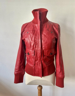 Mango Damen Lederjacke Rot Gr. M Kurz mit Reißverschluss Biker