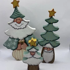 3 Vintage Santa Claus Tree Wood Hand Painted 10.5”, 9.5”, 5.5" Artist Julie Reed