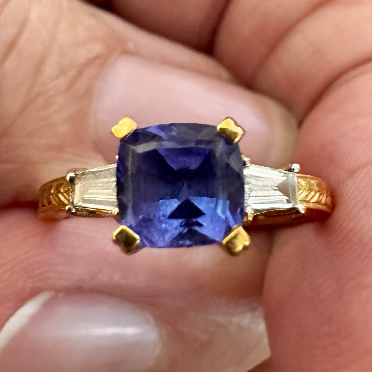 18K Yellow Gold Blue Cushion Tanzanite and Diamond Ring Size 8, 2mm Unique Band