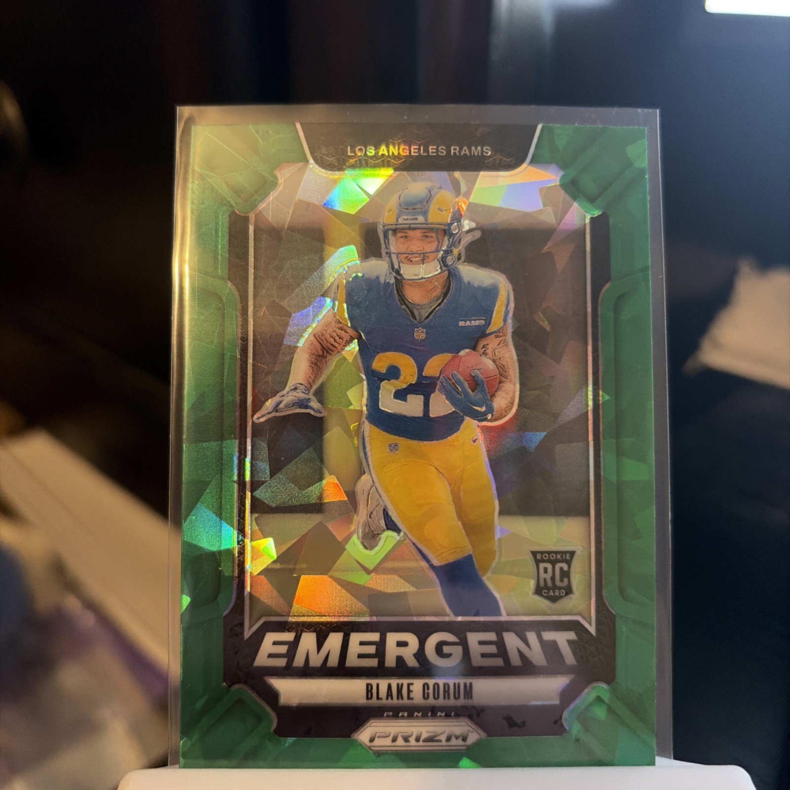 Blake Corum 2024 Panini Prizm Emergent #10 Green Cracked Ice Prizm Rookie Rams
