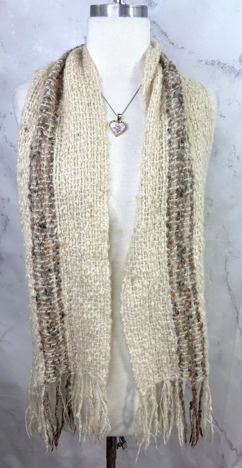 Bufanda de lana tejida MCM vintage flecos crema Cottagecore bosque ninfa envoltura marrón Foto 2 de 4