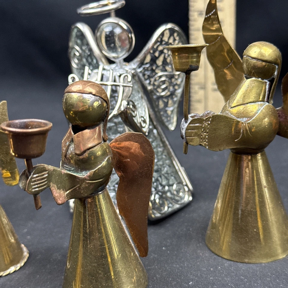 Juego de adornos navideños vintage de árbol de Navidad ángel de latón hecho a mano en México de colección Foto 4 de 4