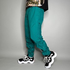 Vintage 90s Track Pants Mens L Teal Polyester Joggers Cuffs Ankle Zippers