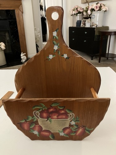 Vintage Hand Painted Wooden Paper Plate Holder Wall Mounted Apples 15”x13”x5”