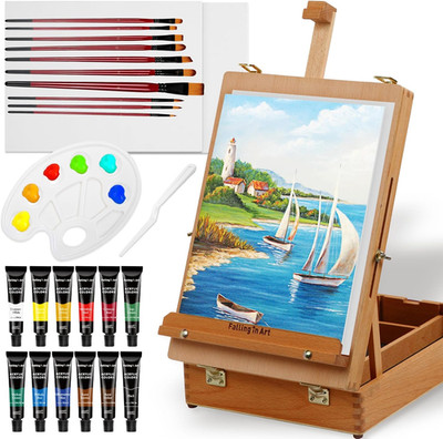 Beechwood Easel Box Set, 27 Pcs Tabletop Acrylic Paint Set, Portable Display Eas