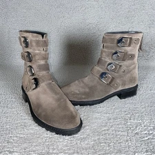 Stuart Weitzman Women’s Sz 5.5M Gray Suede Jitterbug Moto Ankle Boots Buckles