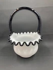Vintage Fenton Ebony Crest Zeta Todd Handled Basket Ruffled HTF 6" Tall Black
