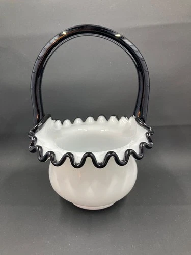 Vintage Fenton Ebony Crest Zeta Todd Handled Basket Ruffled HTF 6" Tall Black