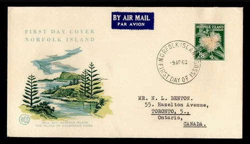 DR WHO 1962 NORFOLK ISLAND FDC PLANT/FLOWER 2.80 WSC CACHET TO CANADA M71483