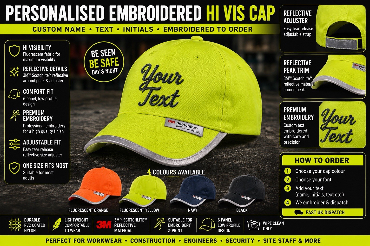 Gorra de béisbol personalizada de alta visibilidad con nombre bordado texto reflectante de trabajo